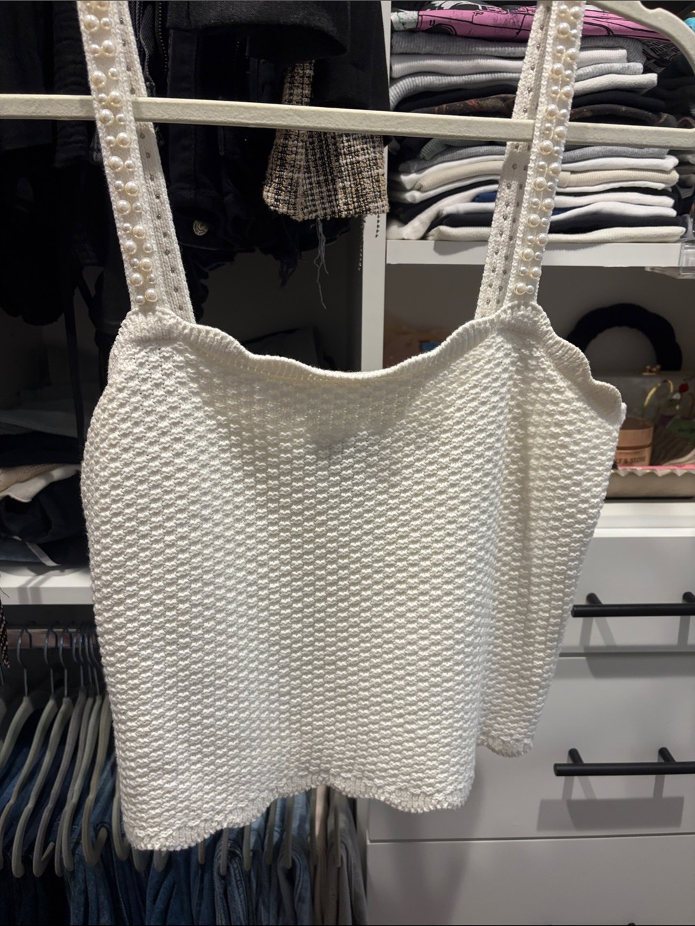 Aqua White Pearl-Embellished Knit Tank Top